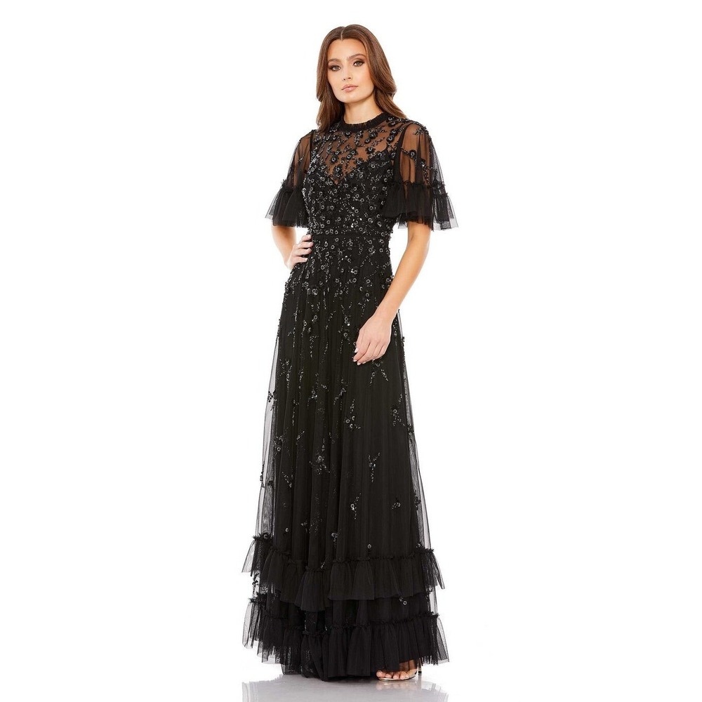 NWT Mac Duggal Black Ruffle Floral Embellished Flutter Sleeve Gown $798 - Size 4